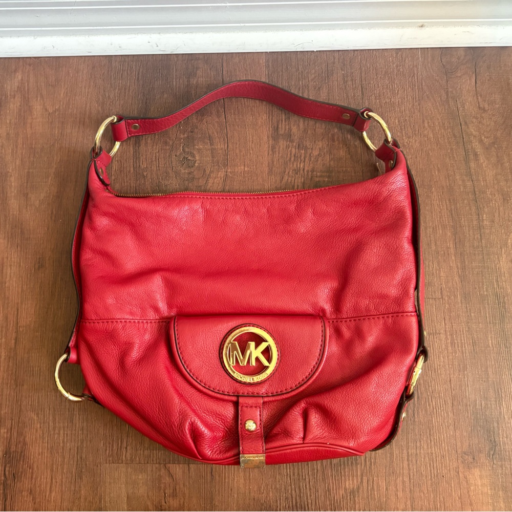 Michael Kors Red Leather Hobo Shoulder Bag Gold MK Logo Medallion Zip Top
